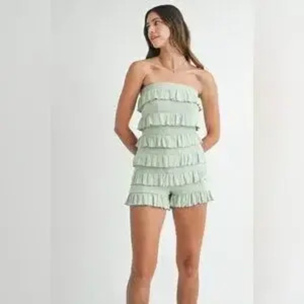 MABLE Pointelle Knit Fabric Ruffled Tube Romper - Picture 2 of 10